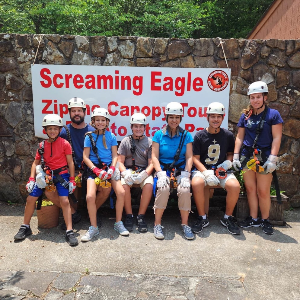 family ziplining in DeSoto Falls State Park